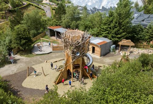 Aerial view of a giant 'Tree of Life' climbing tower for children